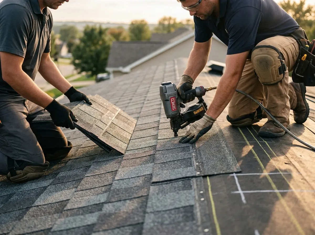 Professional roofer working on a residential roof in Palmetto Estates